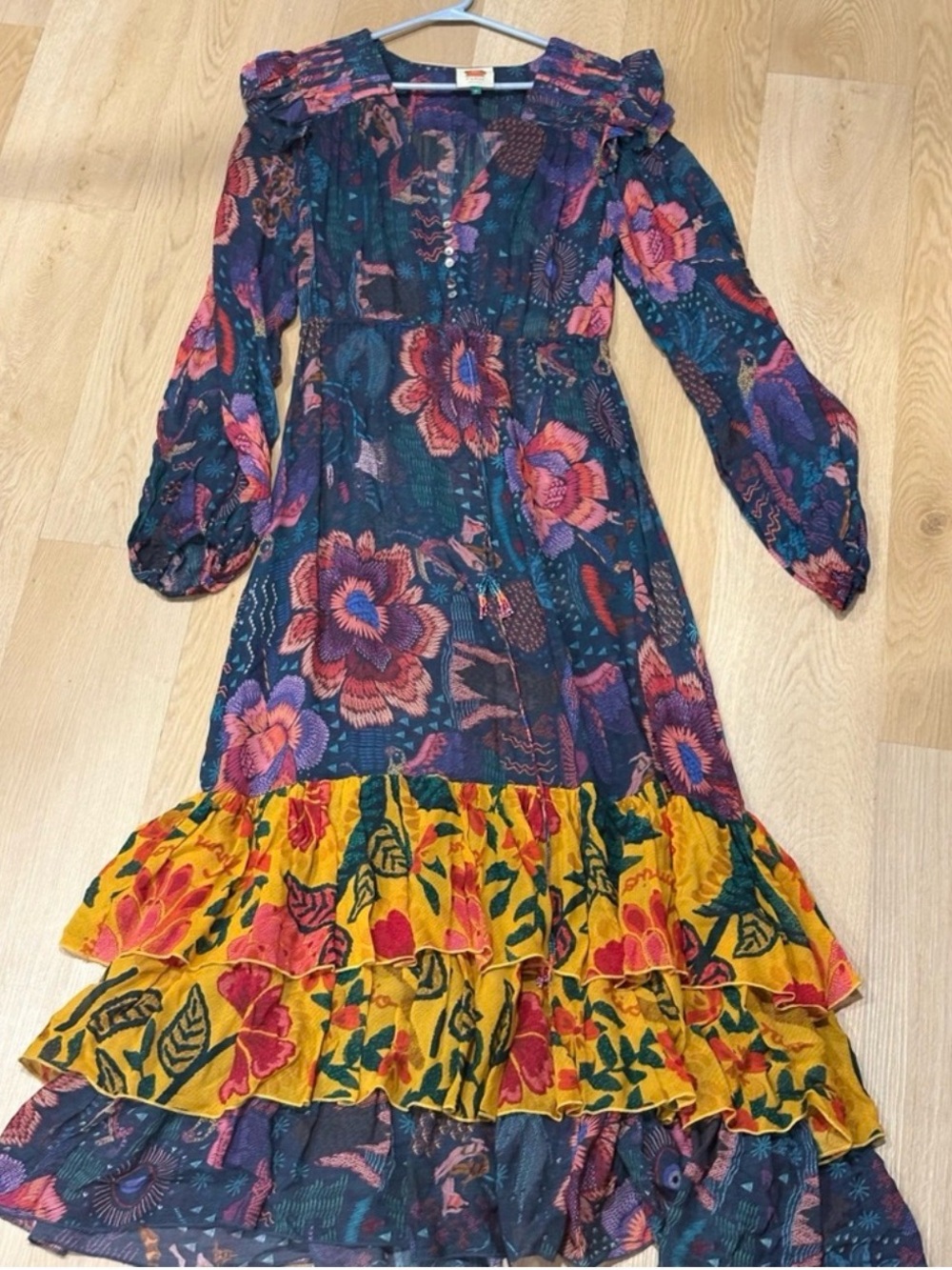FARM Rio Teal Floral Long Sleeve Maxi Dress with Yellow Ruffle Hem - Picture 4 of 5